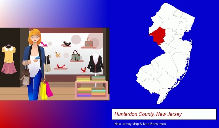 a woman shopping in a clothing store; Hunterdon County, New Jersey highlighted in red on a map