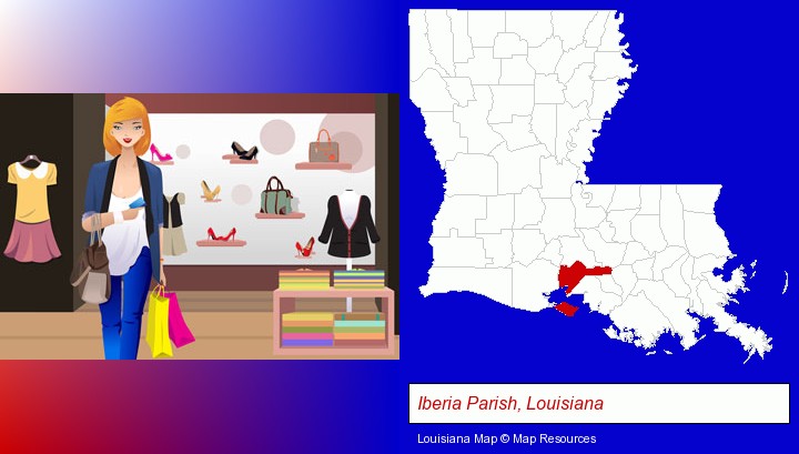 a woman shopping in a clothing store; Iberia Parish, Louisiana highlighted in red on a map