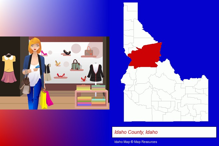a woman shopping in a clothing store; Idaho County, Idaho highlighted in red on a map