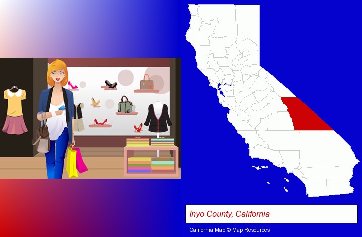 a woman shopping in a clothing store; Inyo County, California highlighted in red on a map