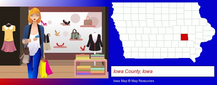 a woman shopping in a clothing store; Iowa County, Iowa highlighted in red on a map