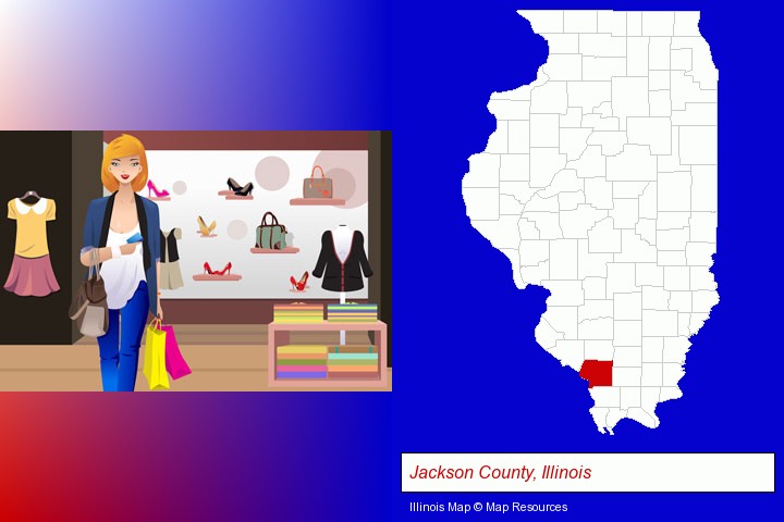 a woman shopping in a clothing store; Jackson County, Illinois highlighted in red on a map