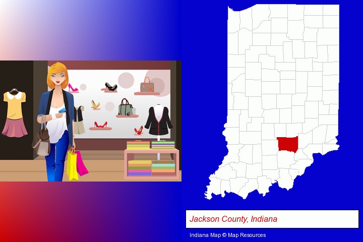a woman shopping in a clothing store; Jackson County, Indiana highlighted in red on a map
