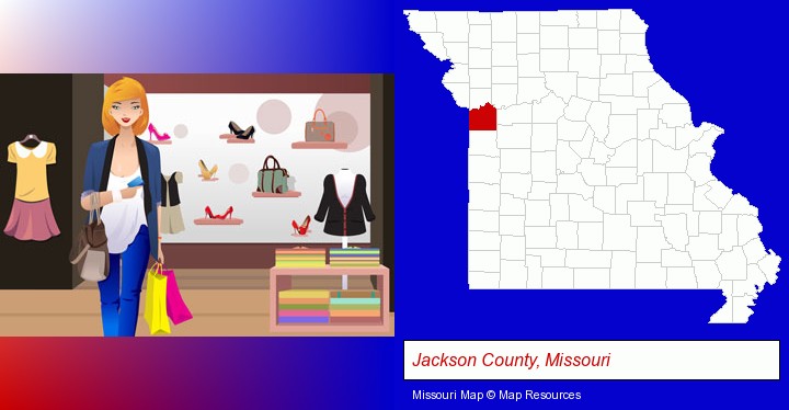 a woman shopping in a clothing store; Jackson County, Missouri highlighted in red on a map