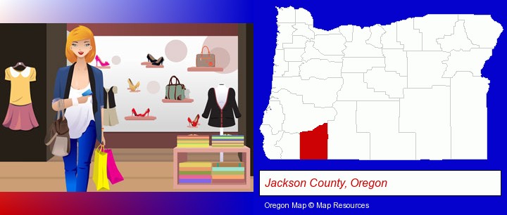 a woman shopping in a clothing store; Jackson County, Oregon highlighted in red on a map