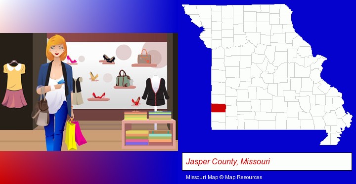 a woman shopping in a clothing store; Jasper County, Missouri highlighted in red on a map