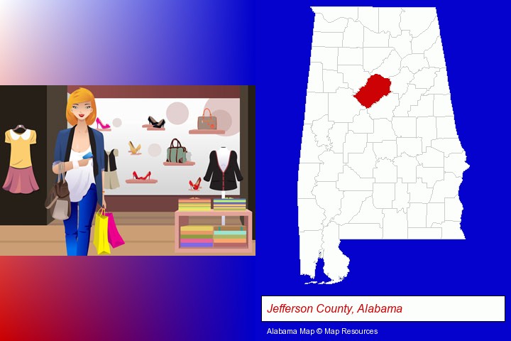 a woman shopping in a clothing store; Jefferson County, Alabama highlighted in red on a map
