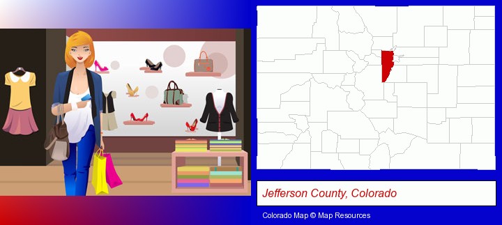 a woman shopping in a clothing store; Jefferson County, Colorado highlighted in red on a map