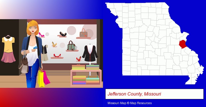 a woman shopping in a clothing store; Jefferson County, Missouri highlighted in red on a map