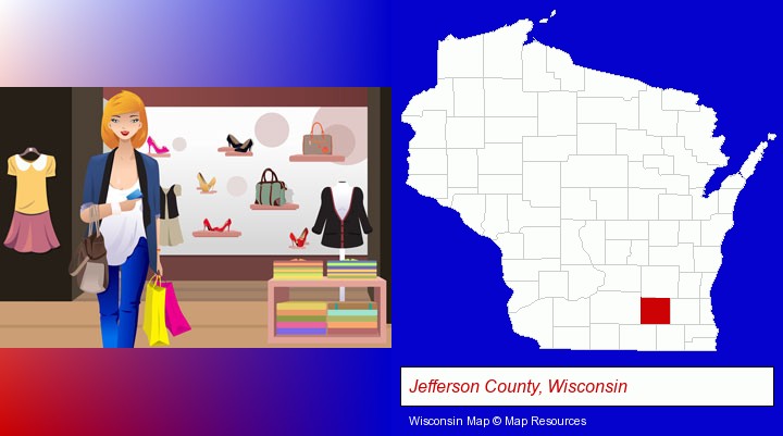 a woman shopping in a clothing store; Jefferson County, Wisconsin highlighted in red on a map