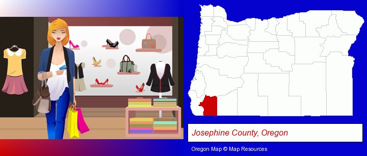 a woman shopping in a clothing store; Josephine County, Oregon highlighted in red on a map