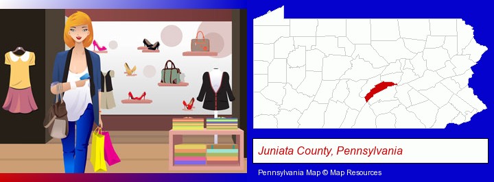 a woman shopping in a clothing store; Juniata County, Pennsylvania highlighted in red on a map