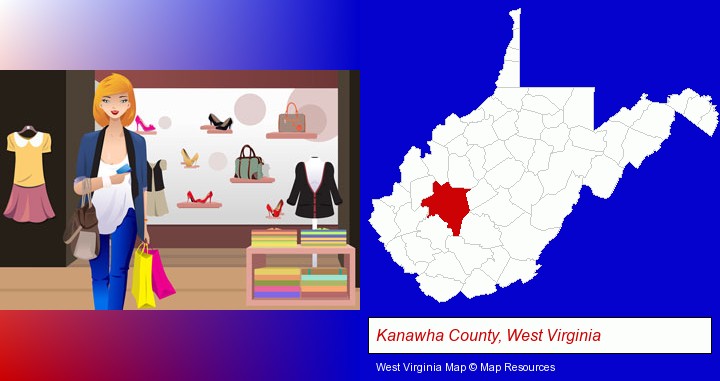 a woman shopping in a clothing store; Kanawha County, West Virginia highlighted in red on a map