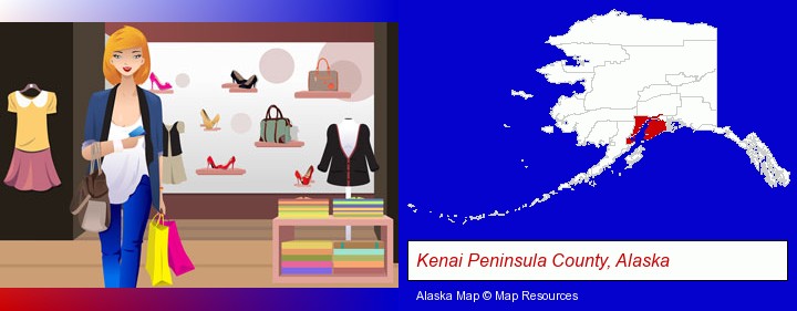 a woman shopping in a clothing store; Kenai Peninsula County, Alaska highlighted in red on a map
