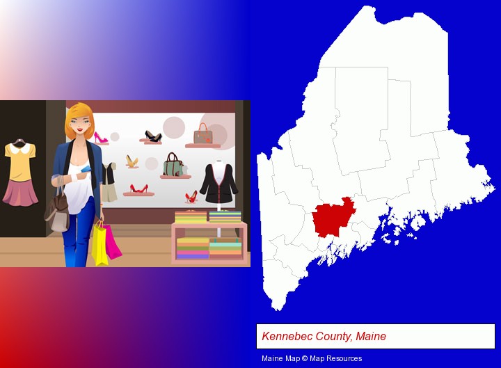 a woman shopping in a clothing store; Kennebec County, Maine highlighted in red on a map