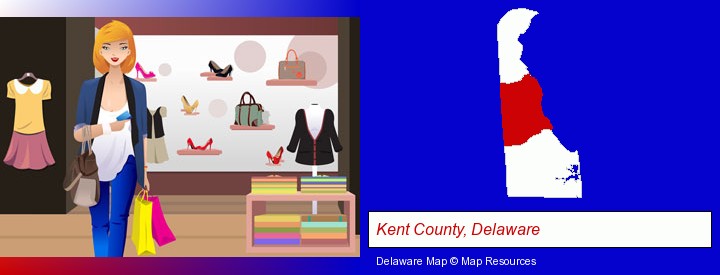 a woman shopping in a clothing store; Kent County, Delaware highlighted in red on a map