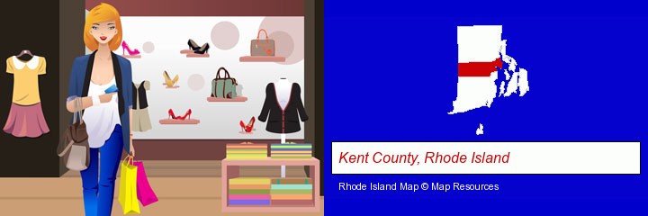 a woman shopping in a clothing store; Kent County, Rhode Island highlighted in red on a map