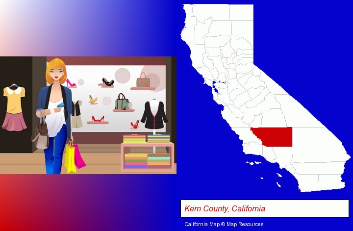 a woman shopping in a clothing store; Kern County, California highlighted in red on a map