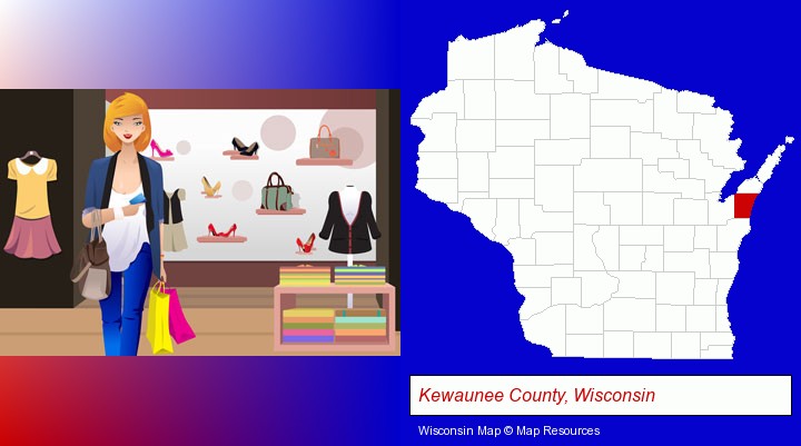 a woman shopping in a clothing store; Kewaunee County, Wisconsin highlighted in red on a map