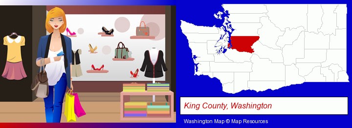 a woman shopping in a clothing store; King County, Washington highlighted in red on a map