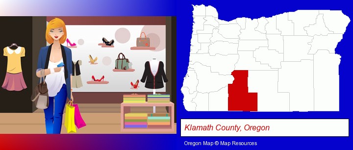 a woman shopping in a clothing store; Klamath County, Oregon highlighted in red on a map