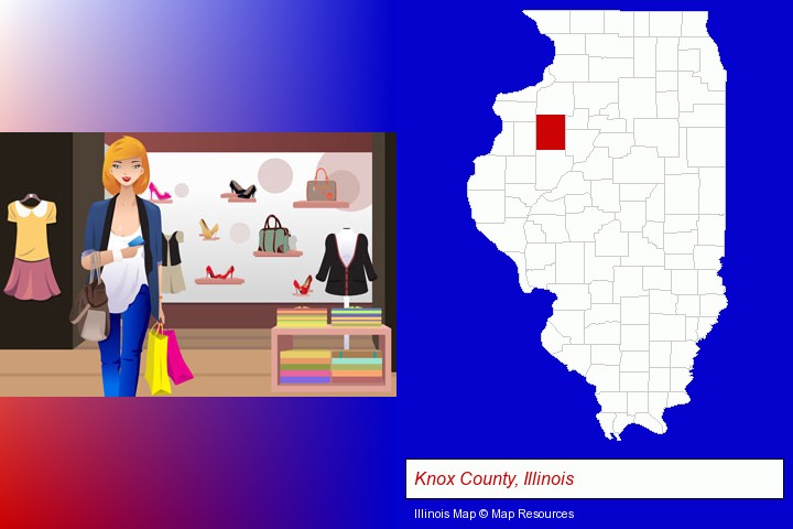 a woman shopping in a clothing store; Knox County, Illinois highlighted in red on a map