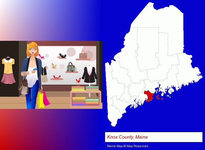 a woman shopping in a clothing store; Knox County, Maine highlighted in red on a map