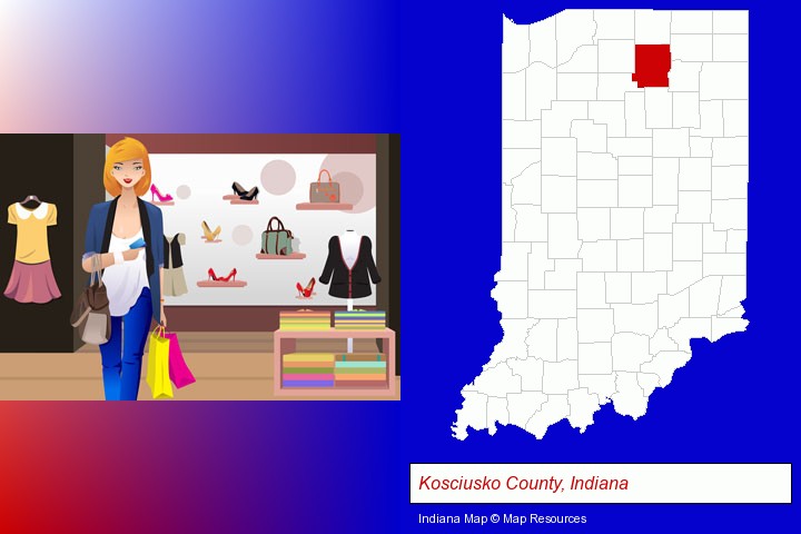 a woman shopping in a clothing store; Kosciusko County, Indiana highlighted in red on a map
