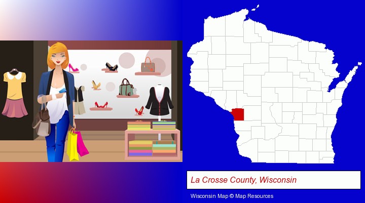 a woman shopping in a clothing store; La Crosse County, Wisconsin highlighted in red on a map