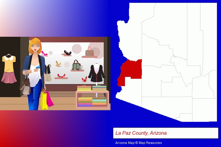 a woman shopping in a clothing store; La Paz County, Arizona highlighted in red on a map