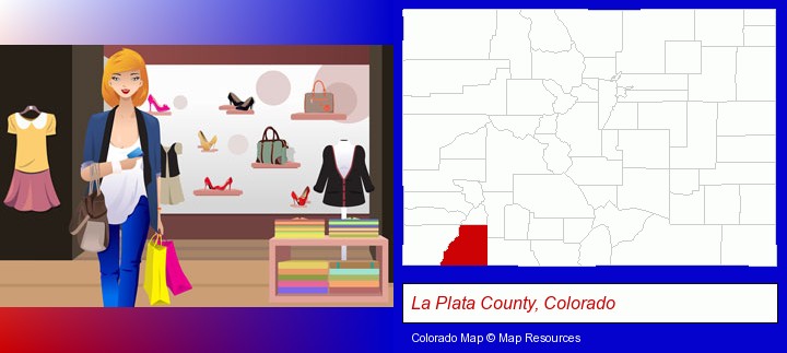 a woman shopping in a clothing store; La Plata County, Colorado highlighted in red on a map
