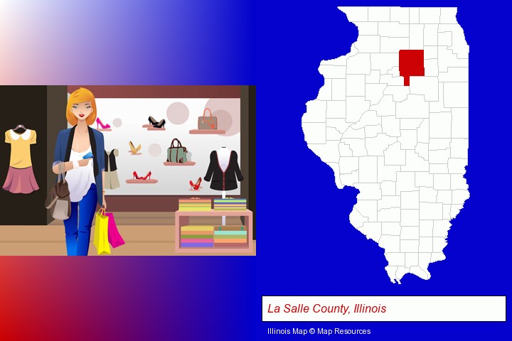 a woman shopping in a clothing store; La Salle County, Illinois highlighted in red on a map