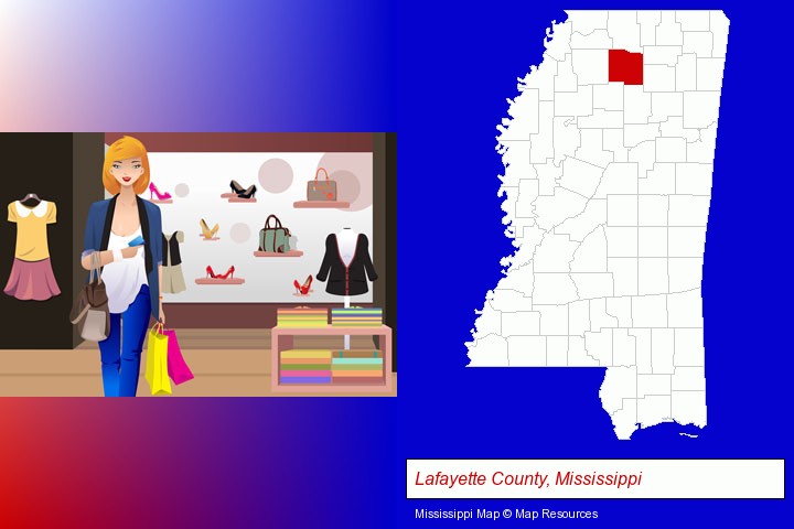 a woman shopping in a clothing store; Lafayette County, Mississippi highlighted in red on a map
