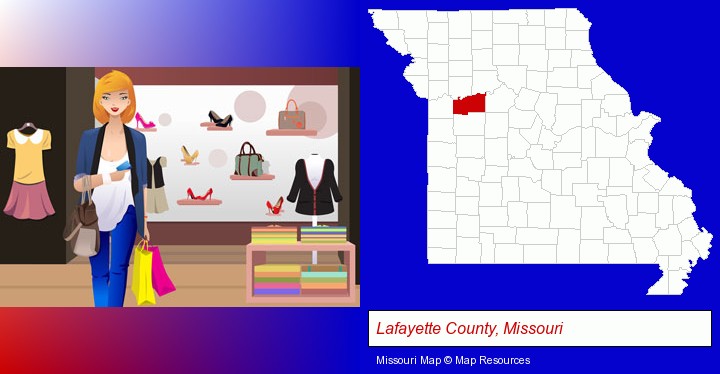 a woman shopping in a clothing store; Lafayette County, Missouri highlighted in red on a map