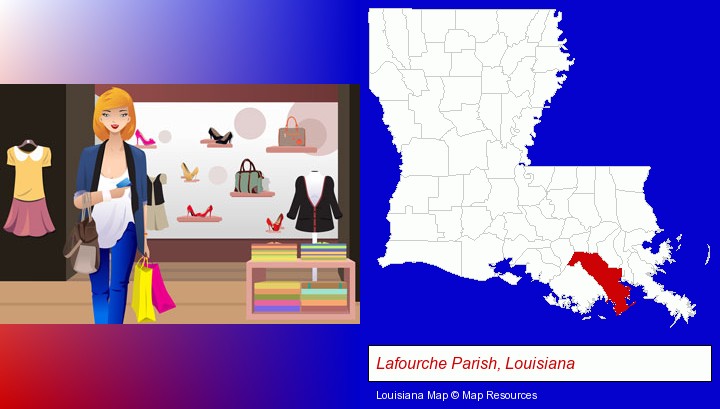 a woman shopping in a clothing store; Lafourche Parish, Louisiana highlighted in red on a map
