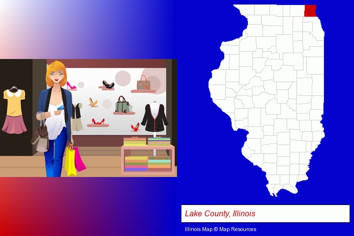 a woman shopping in a clothing store; Lake County, Illinois highlighted in red on a map