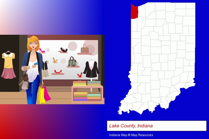 a woman shopping in a clothing store; Lake County, Indiana highlighted in red on a map