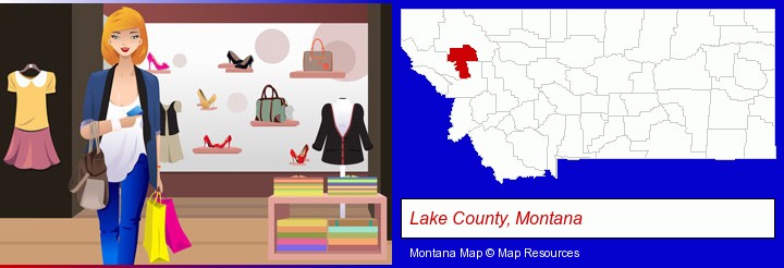 a woman shopping in a clothing store; Lake County, Montana highlighted in red on a map