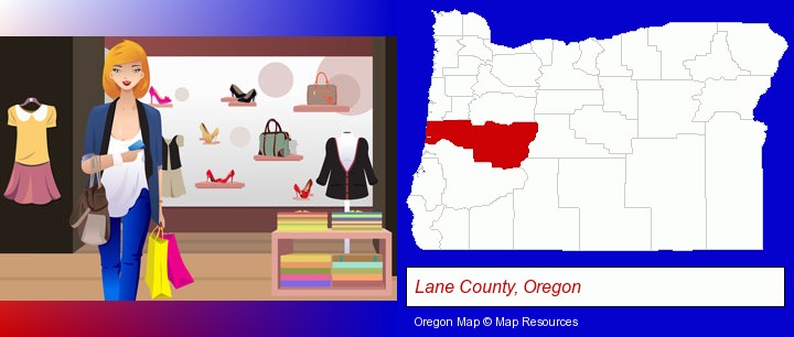 a woman shopping in a clothing store; Lane County, Oregon highlighted in red on a map