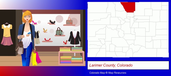 a woman shopping in a clothing store; Larimer County, Colorado highlighted in red on a map