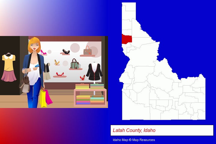 a woman shopping in a clothing store; Latah County, Idaho highlighted in red on a map