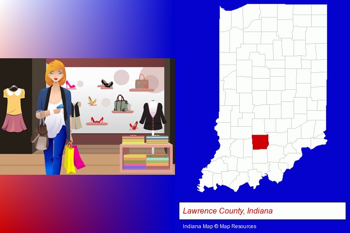 a woman shopping in a clothing store; Lawrence County, Indiana highlighted in red on a map