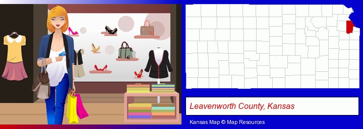 a woman shopping in a clothing store; Leavenworth County, Kansas highlighted in red on a map