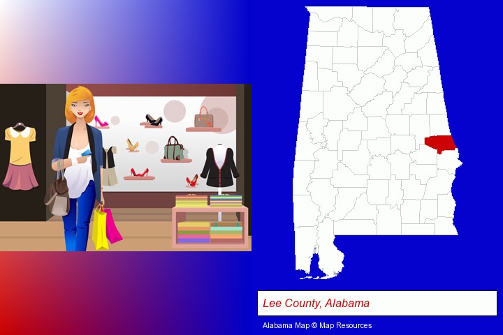 a woman shopping in a clothing store; Lee County, Alabama highlighted in red on a map