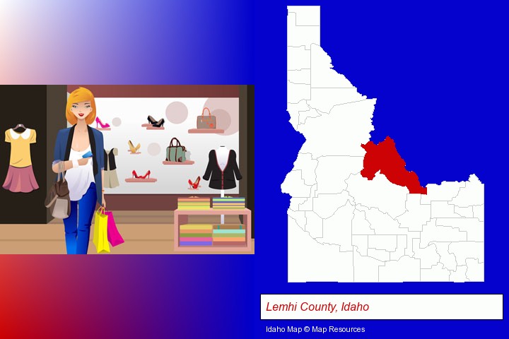 a woman shopping in a clothing store; Lemhi County, Idaho highlighted in red on a map