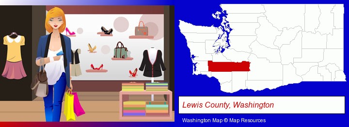 a woman shopping in a clothing store; Lewis County, Washington highlighted in red on a map