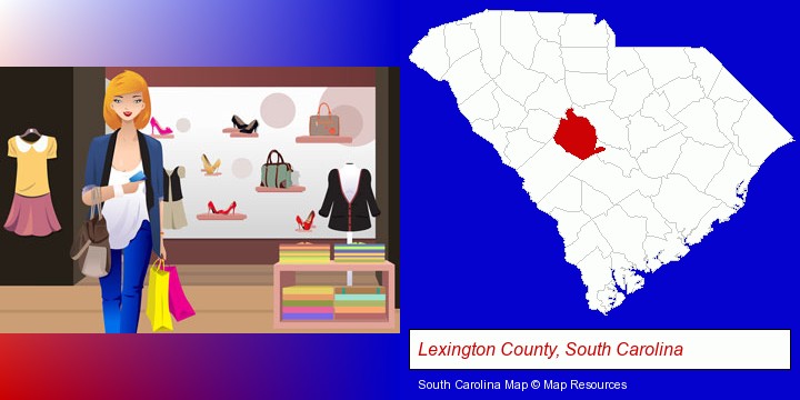 a woman shopping in a clothing store; Lexington County, South Carolina highlighted in red on a map