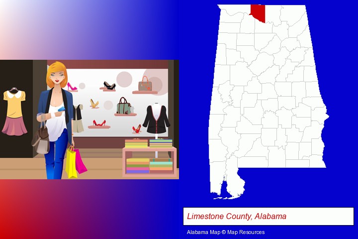 a woman shopping in a clothing store; Limestone County, Alabama highlighted in red on a map