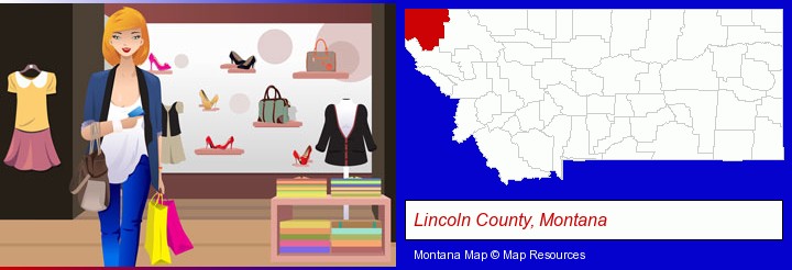 a woman shopping in a clothing store; Lincoln County, Montana highlighted in red on a map