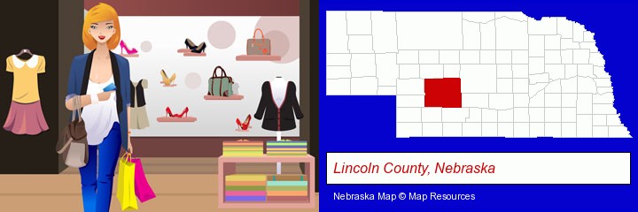 a woman shopping in a clothing store; Lincoln County, Nebraska highlighted in red on a map